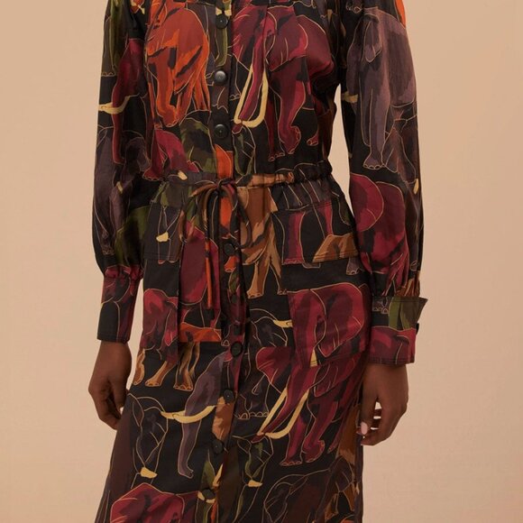 FARM RIO Brown Elephants Long Sleeve Midi Dress - Picture 2 of 4